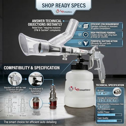 LE LEMATEC Air Tornador Car Detailing Gun & Upholstery Extractor Kit | Interior carpet vent cleaner, foam bottle, vacuum attachment, 3000 RPM, 90 PSI, 1/4" NPT compressor - size: 3,000 RPM