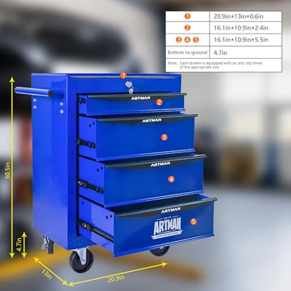 RYH 4 Drawers Rolling Tool Chest - 13" D x 20.9" W x 30.5" H Heavy Duty Mobile Tool Cart with Locking Wheels & Ball Bearing Drawers, Garage Tool Storage Cabinet (Blue, 4 Drawers) - color: Blue-black, size: 4 Drawers（30"H × 20"W × 13"D)