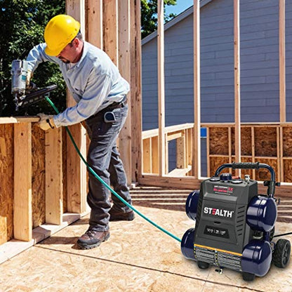 Stealth Quiet Air Compressor with Wheel, 64 Decibel 4.5 Gallon Peak 1.3 HP Max 150 PSI, Oil-Free Air Pump, 3 CFM @ 90 PSI Portable Air Compressor for Garage, Workshop, Jobsite SAQ-1413