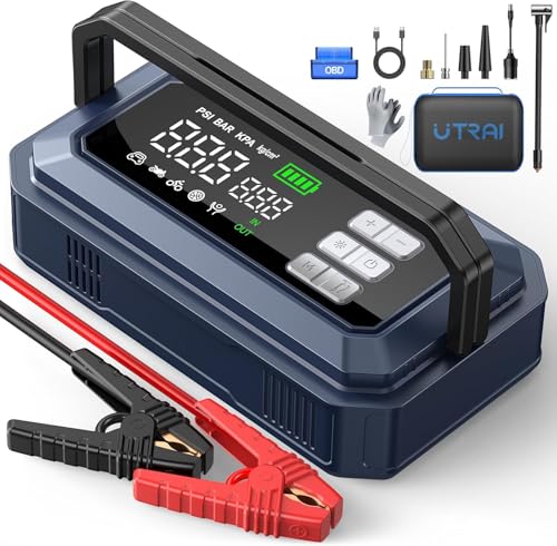 UTRAI Jump Starter with Air Compressor,8000A Portable Car Battery Jump Starter for All Gas/12L Diesel,150PSI Tire Inflator with Auto Shut-Off,160W DC Output, 2000LM Light,OBD2 Scanner
