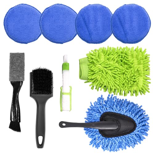 9Pcs Auto Cleaning Tools Set Contains Wheel Brush, Wash Mitt Microfiber, Foam Sponge Wax Applicator, Extendable Handle Interior Duster and 2 in 1 Air Vents Dashboard Clean Brush