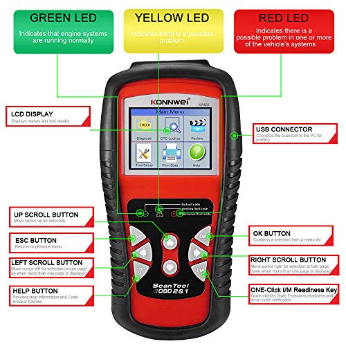 KONNWEI KW830 OBD2 Scanner Diagnostic Tool, Check Engine Light Reset, Live Data Stream, Emission Test, Battery Health Detection, Fault Code Reader, OBDII Scan Tool for for All Cars & Trucks After 1996