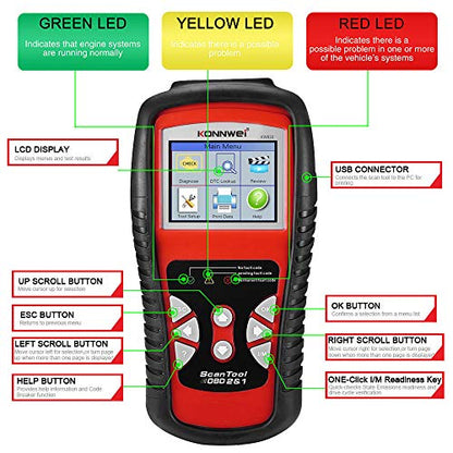 KONNWEI KW830 OBD2 Scanner Diagnostic Tool, Check Engine Light Reset, Live Data Stream, Emission Test, Battery Health Detection, Fault Code Reader, OBDII Scan Tool for for All Cars & Trucks After 1996