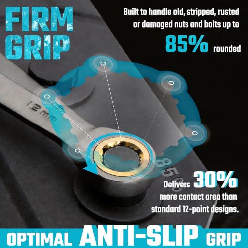 DURATECH Anti-Slip Ratcheting Wrench Set, Combination Wrench Set, 22-piece, Metric & SAE, 1/4" to 3/4" & 6-18mm, 72-Tooth, CR-V Steel, Nickel Plating, with Pouch - style: Anti-slip