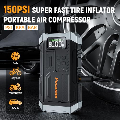 [2026NEW Model] 5000A Jump Starter with Air Compressor,Car Jumper Starter Portable with 150PSI Tire Inflator 12V Jump Box with LCD Display,Flashlight,Storage Case (Up 9L Gas/8L Diesel Engine - style: With Air Compressor