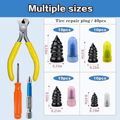 40Pcs Tire Repair Rubber Nails Kit with 4 Sizes, Screw in Tire Repair Plugs, Vacuum Tire Repair Rubber Nail, Tire Rubber Nails Tool, Fast Self-Service Tire Repair Tools for Car, Truck, Motorcycle