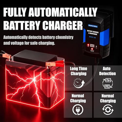 Smart Car Battery Charger,1.5A 6V/12V Maintainer,Automatic Tender Trickle Charger with Memory Function,LED Light,12FT Cables for Vehicle Lead-Acid & Lithium Batteries (Blue) - color: Blue