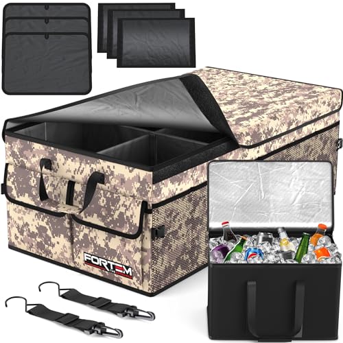 FORTEM Trunk Organizer with Cooler For SUV Car Trunk, Foldable Storage, Car Accessories for Women Men, Collapsible Bag, 600D Oxford, Non Slip Bottom, Straps, Soft Cover (105L) - color: Desert Camo, size: XXL (105L)