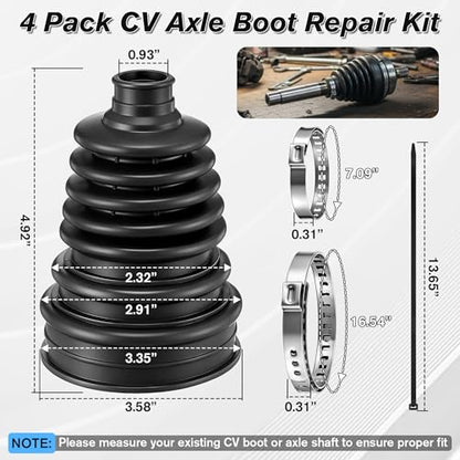 4 PACK Rubber CV Axle Boot Repair Kit with CV Boot Tool Cone Mounting | No Axle Removal Required, Flexible Leak Proof Protection, 8pcs Stainless Steel Clamps & 12pcs Zip Ties, Universal Vehicle