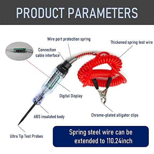 Heavy Duty 3-70V Automotive Test Light,Digital LED Relay Tester with 110 Inch Retractable Spring Wire,Multifunctional Car Circuit Tester for Testing Fuses,Voltage,Acc,Engine