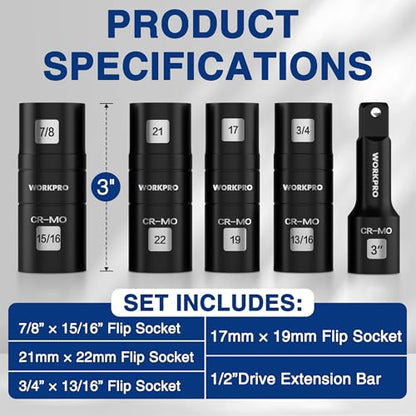 WORKPRO 5PCS Impact Socket Set 1/2" Drive, Lug Nut Socket Set, Wheel Socket Set Cr-Mo Steel, Includes 1PC 3" Extension Bar & 4PCS Flip Sockets of 6 Metric and SAE Sizes - size: 5pcs Flip Socket Set