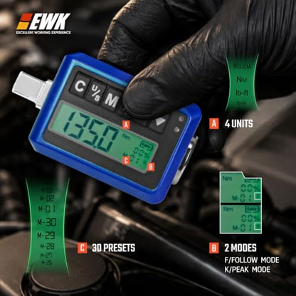 EWK 3/8-inch Drive Digital Torque Adapter 5-100 ft-lbs (6.8-135 Nm), Electronic Torque Wrench Converter with LED Display & Buzzer Alert