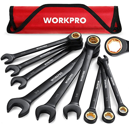WORKPRO 9-Piece Anti-Slip Ratcheting Combination Wrench Set, SAE 1/4"-3/4", 72-Teeth, Cr-V Constructed, Black Ratchet Wrenches Set with Roll Up Pouch - style: SAE