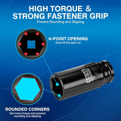 1/2" Drive x 15/16 Inch Deep 6PT CR-MO Impact Socket for Removing Axle nut | SAE Socket,6-Point Radius Corner Design,Two Size Markings,Square Chamfered Opening,For Removal of Axle Nut - size: 15/16 Inch, style: 1/2" Drive Deep Socket