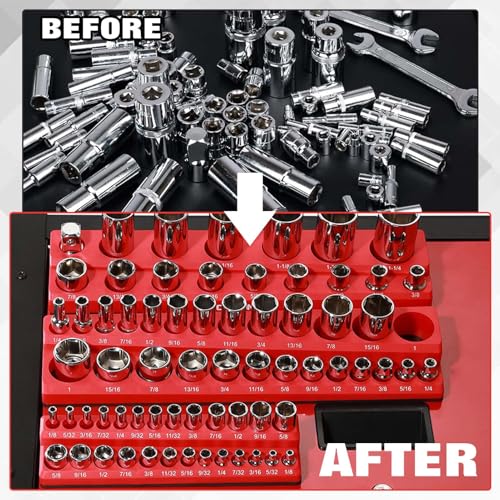 Magnetic Socket Organizer Set 3-Piece 1/2", 1/4" and 3/8" SAE Socket Holder Storage Tray Tools Box Clear Markings Powerful Magnet Tools Drawer Storage Holds 68 Pcs (Sockets are Not Included)