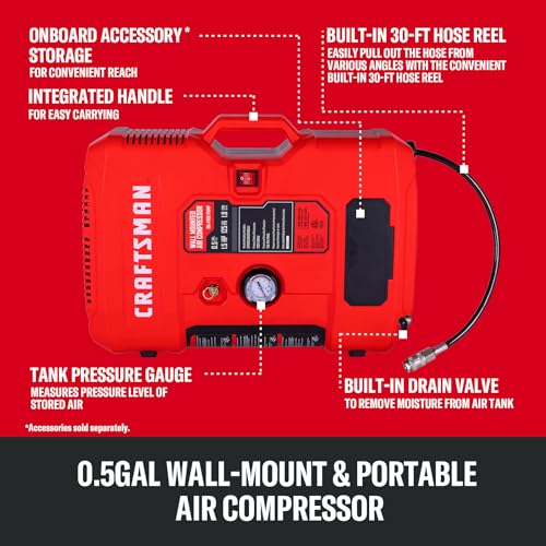 CRAFTSMAN Tire Inflator, All in One Wall Mount Air Compressor Oil-Free with Retractable 30ft Air Hose and Pressure Regulator, Great for Tire Inflation, Brad/Stapler, Finishing Jobs,1.5HP 125PSI - size: No Accessories