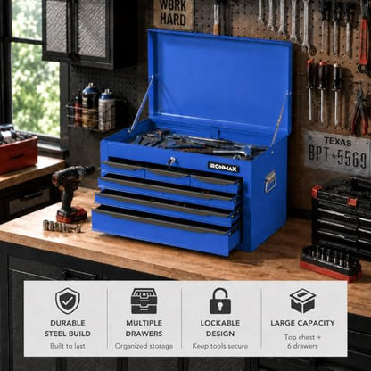 ARNOT Large Metal Tool Box, Tool Box with 6 Drawers & Top Tray, Heavy-Duty Steel Tool Chest with Auto-Locking Drawers and Side Handles for Garage & Workbench (Blue) - color: Blue