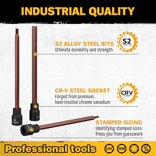 Extra-Long Allen Hex Bit Socket Set: 20-Piece 3/8 Inch Drive, 150mm S2 Steel, Standard SAE & Metric (1/8-Inch - 7/16-Inch, 3-12mm) for Impact Drills and Ratchet Wrenches - style: 150mm Allen Hex Bit Socket Set