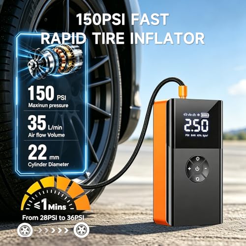 3000A Jump Starter with Air Compressor,Car Battery Jumper Starter Portable with 150PSI Tire Inflation, 12V Jump Box with Jumper Cables, LCD Display, Fast Charger Power Bank (6L Gas/4L Diesel Engines