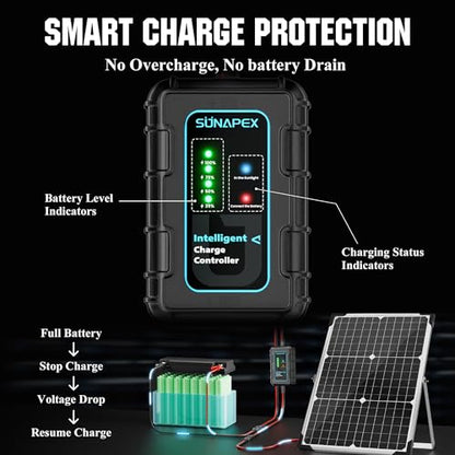 SUNAPEX 30W Solar Battery Charger 12V Solar Panel Kit with Smart Controller | IP67 Waterproof, Aluminum Solar Trickle Charger Maintainer,Adjustable Mount Bracket for RV,Boat,Car,Motorcycle - size: 30W - Standard