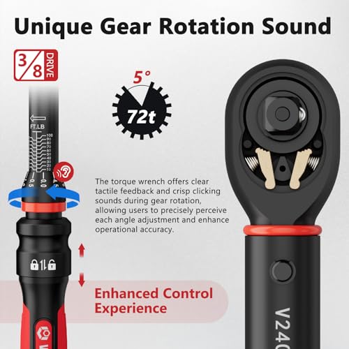 VANPO Torque Wrench 3/8-Inch Drive, 10-100 ft-lb, for Motorcycle | ±3% Precision, Calibration, Click Style, TPR+ABS Handle, Dual Direction, Dual Direction, for Spark plugs, Brake & Lug nuts - size: 10-100 ft-lb