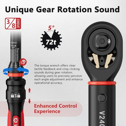 VANPO Torque Wrench 3/8-Inch Drive, 10-100 ft-lb, for Motorcycle | ±3% Precision, Calibration, Click Style, TPR+ABS Handle, Dual Direction, Dual Direction, for Spark plugs, Brake & Lug nuts - size: 10-100 ft-lb