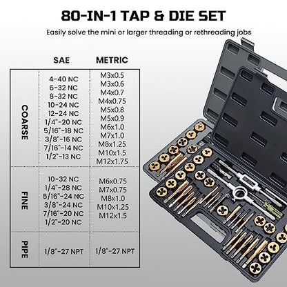 Anfrere Brass Coated 80pcs SAE & Metric Tap and Die Set, Metric Standard Rethreading Tool Kit, Coarse and Fine Threads for Cutting External and Internal Threads, Essential Repair Tool Kit with Case - size: Brass Coated 40pcs Metric & 40pcs Standard