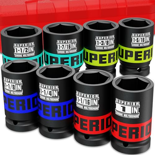 8 Piece 3/4" Drive Impact Socket Set, 1" - 1-1/2" Axle Nut Socket, SAE, 6-Point, Heavy Duty CR-MO, Large Automotive Repairs, Agricultural implement - size: 3/4" Axle SAE