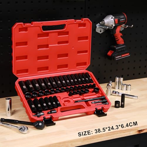Mayouko 3/8” Drive Impact Socket Set, 50-Piece Standard SAE(5/16”-3/4”) and Metric Size(8-22mm), Deep & Shallow, 6 Point, CR-V, 72-Tooth Ratchet Wrench Handle, Extension Bars, Universal Joint