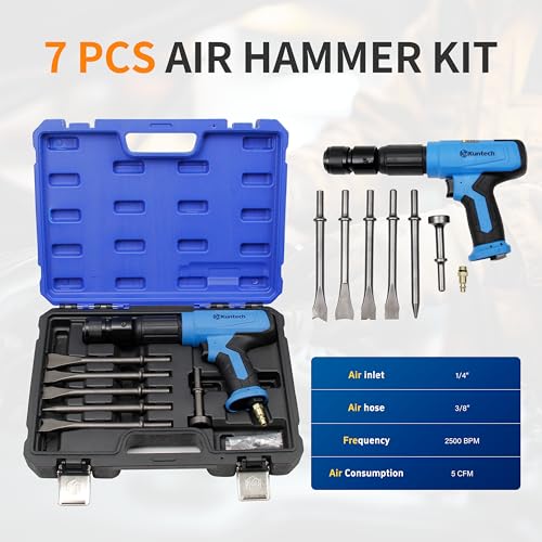 7PCS Air Hammer Kit, Pneumatic Hammers 2500 BPM, Air Hammer Piece Chisel Set with Carrying Case & Gloves - style: 7 PCS
