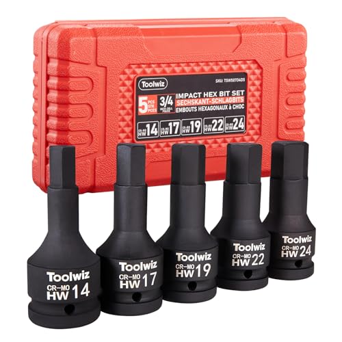 Toolwiz 3/4 Inch Drive Impact Hex Bit Set, 5-Piece Metric 14mm-24mm, Cr-Mo | One-Piece Construction, Impact Grade, Professional Automotive Impact Bit Socket Set, Heavy Duty PVC Storage Case - size: 3/4" Drive (0.55"-0.94")