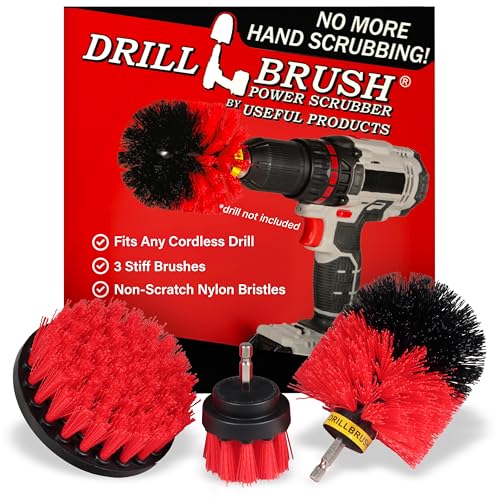 Drillbrush Heavy Duty Stiff Bristle Brush Kit – Power Scrubber Attachment for Concrete, Brick, Siding, Stone, Driveways, Fireplaces, Hard Water Stains, Gravestone & Cemetery Headstone Cleaning Brushes - color: Stiff Red, size: 2in, 4in, 3.5in corner brush