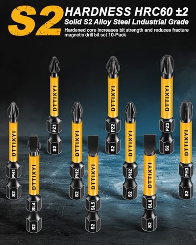Magnetic Screwdriver Bit Set, 10 PCS, 2 in, 1/4 in Hex, PH/PZ/SL | S2 steel. Phillips PH1, PH2 x2, PH3. Pozidriv PZ1-PZ3. Slotted flat head SL4-SL6. Hex shank for power drills/impact drivers - style: 10 PCS, 2 in, PH/PZ/SL