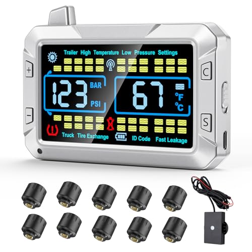 truck tire pressure monitoring system (0-188 PSI) features a signal booster, a 4.3-inch color screen, six alarm modes, and can monitor up to 43 tires for trailer rv semi truck camper (10 Sensors) - size: 10 Sensors