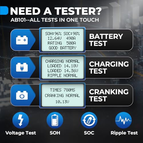 TOPDON AB101 Car Battery Tester 12V Car Battery Load Tester on Cranking Charging Systems, 100-2000 CCA Automotive Alternator Analyzer for Cars/SUVs/Light Trucks with Flooded AGM Gel Types
