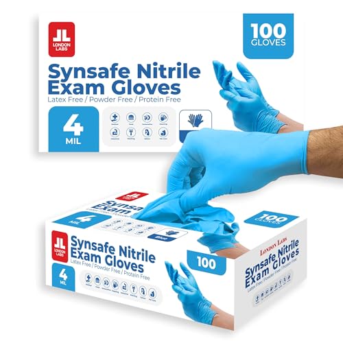 London Labs Synsafe 4 Mil - Blue Nitrile Exam Gloves –Disposable Latex Free & Powder Free – Extra Strong, Rubber Gloves - size: X-Large, style: 200 Count
