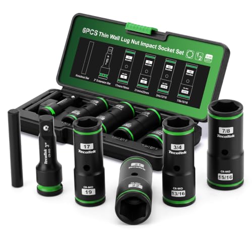 TecoTek 6PCS Thin Wall Lug Nut Impact Socket Set, 1/2" Drive Impact Flip Socket Set, 8 in 1 Dual End Wheel Tire Nut Sockets, Metric 17 19 21 22mm & SAE 3/4" 13/16" 7/8" 15/16", Lug Nut Removal Tool - size: Standard Metric & SAE