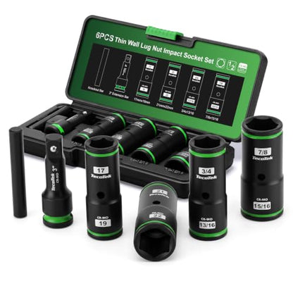 TecoTek 6PCS Thin Wall Lug Nut Impact Socket Set, 1/2" Drive Impact Flip Socket Set, 8 in 1 Dual End Wheel Tire Nut Sockets, Metric 17 19 21 22mm & SAE 3/4" 13/16" 7/8" 15/16", Lug Nut Removal Tool - size: Standard Metric & SAE