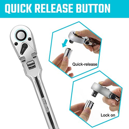 DURATECH 3-Piece Flex-Head Ratchet Set, 1/4", 3/8", 1/2" Drive | 72-Tooth, Quick-Release Reversible Design, Chrome Alloy Made, Fully Polished, Organized in Storage Case - size: 1/4", 3/8", 1/2" Drive