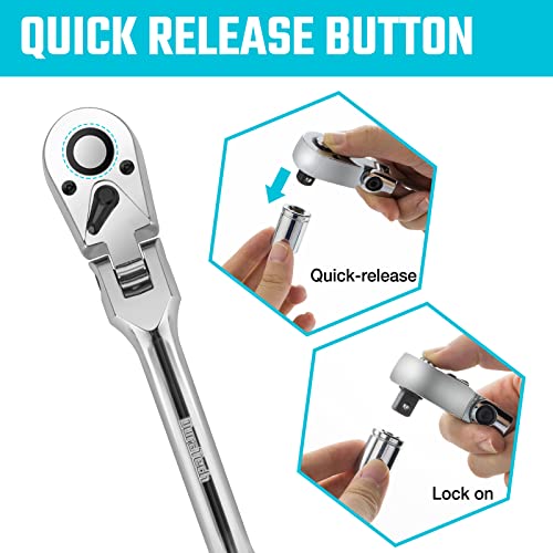DURATECH 3/8" Drive Flex-Head Ratchet | 72-Tooth Ratchet Wrench, Quick-release, Reversible Switch, Full-Polished Chrome Plating, Alloy Steel - size: 3/8" Drive