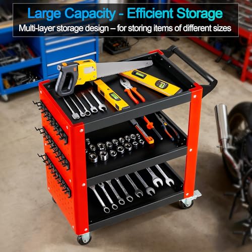 3-Tier Rolling Tool Cart with Pegboard, 1000LBS Load 2 Lockable Casters | Heavy Duty, Metal Mechanic Tool Storage, For Garage, Repair Shop, Warehouse & Workshop