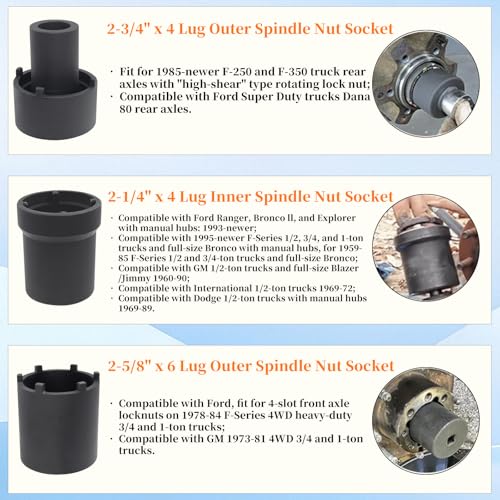 Spindle Nut Socket Tool Kit, 4WD Lug Out Spindle Sockets Set | 6 Pcs Axle Hub Lock Nut Socket Remover Installer 1/2" Drive Compatible with Ford Dana 44/80 Toyota Dodge GMC Chevrolet