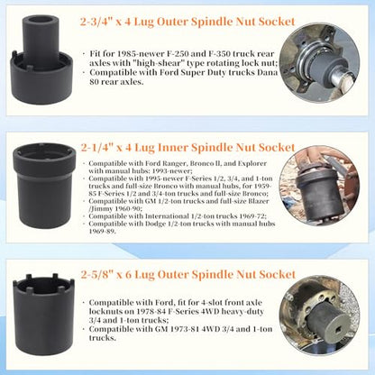 Spindle Nut Socket Tool Kit, 4WD Lug Out Spindle Sockets Set | 6 Pcs Axle Hub Lock Nut Socket Remover Installer 1/2" Drive Compatible with Ford Dana 44/80 Toyota Dodge GMC Chevrolet
