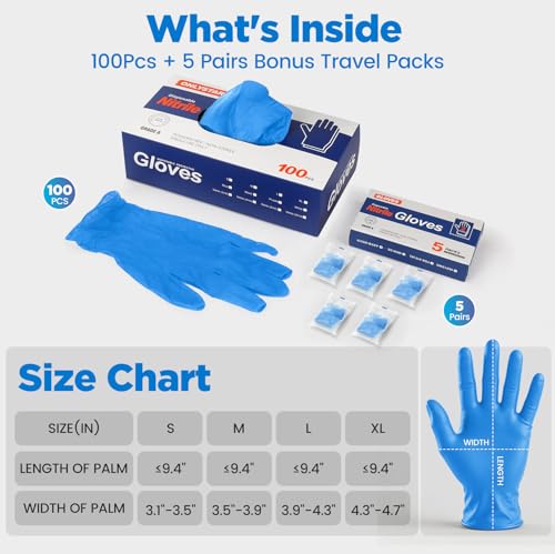 5-Mil Food Grade Disposable Nitrile Gloves Large, 100Pcs + 5 Bonus Travel Packs Blue Cooking Gloves, Latex & Powder Free, Touchscreen, Textured Grip for Cleaning, BBQ, Grill, Tattoo, Barber - color: Blue(110 Pcs), size: Large