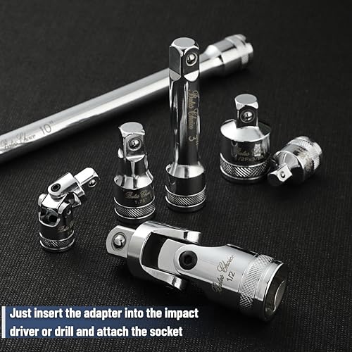 Bates- Socket Accessory Set, 10 pcs, Silver, 3/8" Extension Set, 1/4", 3/8" & 1/2" Drive Universal Joints & Socket Adapter Set, 3/8 Extension Set - color: Silver, size: 10 pcs