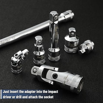Bates- Socket Accessory Set, 10 pcs, Silver, 3/8" Extension Set, 1/4", 3/8" & 1/2" Drive Universal Joints & Socket Adapter Set, 3/8 Extension Set - color: Silver, size: 10 pcs