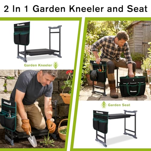 Garden Kneeler and Seat with Umbrella, 2-in-1 Foldable Gardening Stool with Adjustable Bracket, Detachable Tool Bags, Heavy Duty Kneeling Pad for Gardening (Beige Green) - color: Beige & Green
