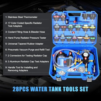 JIFETOR 28PCS Radiator Pressure Leak Test Pneumatic Coolant Refill Tool Kit | Auto Cooling System Leakage Tester and Water Tank Pneumatic Vacuum Purge Filling Set Universal for Airlift Car Auto Truck - color: Blue Case