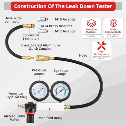 8MILELAKE Cylinder Leak Down Tester Tool Kit, Gasoline Engine Compression Leak Down Tester Set, Tu-21 Cylinder Detector with Dual Gauges
