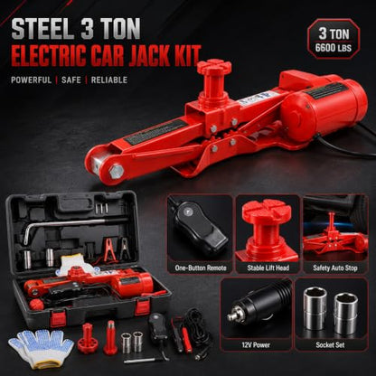 Steel 3 Ton Electric Car Jack Kit, Portable 12v Electric Scissor Jack Featuring Lug Wrench, Safety Stop, and Case, Emergency Tire Changing Tool Kit for Sedan SUV Tire Replacement (Red)